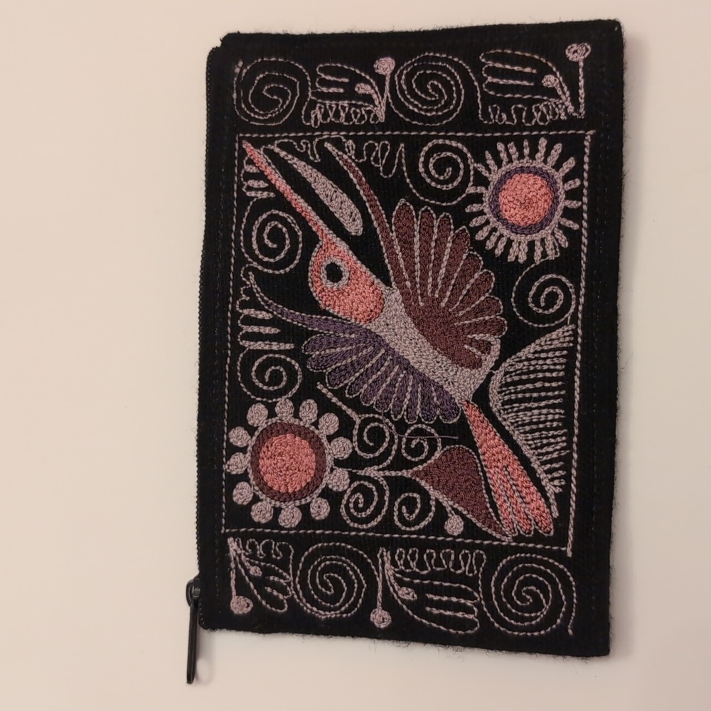 Black and Pink Hummingbird Embroidered Pouch
